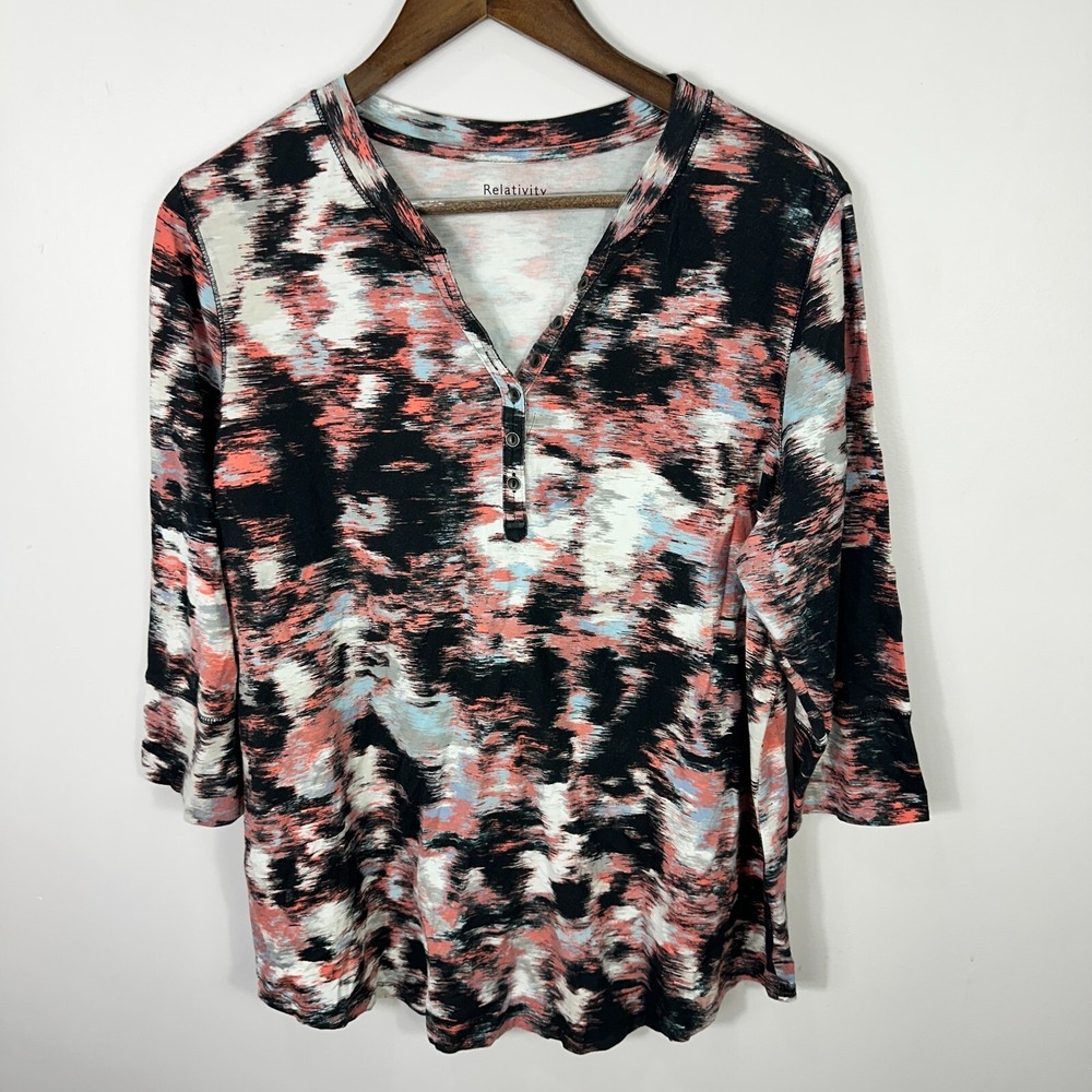 Relativity Womens IX Abstract Henley Top Black Tie Dye 3/4‎ Sleeve Boho Artsy